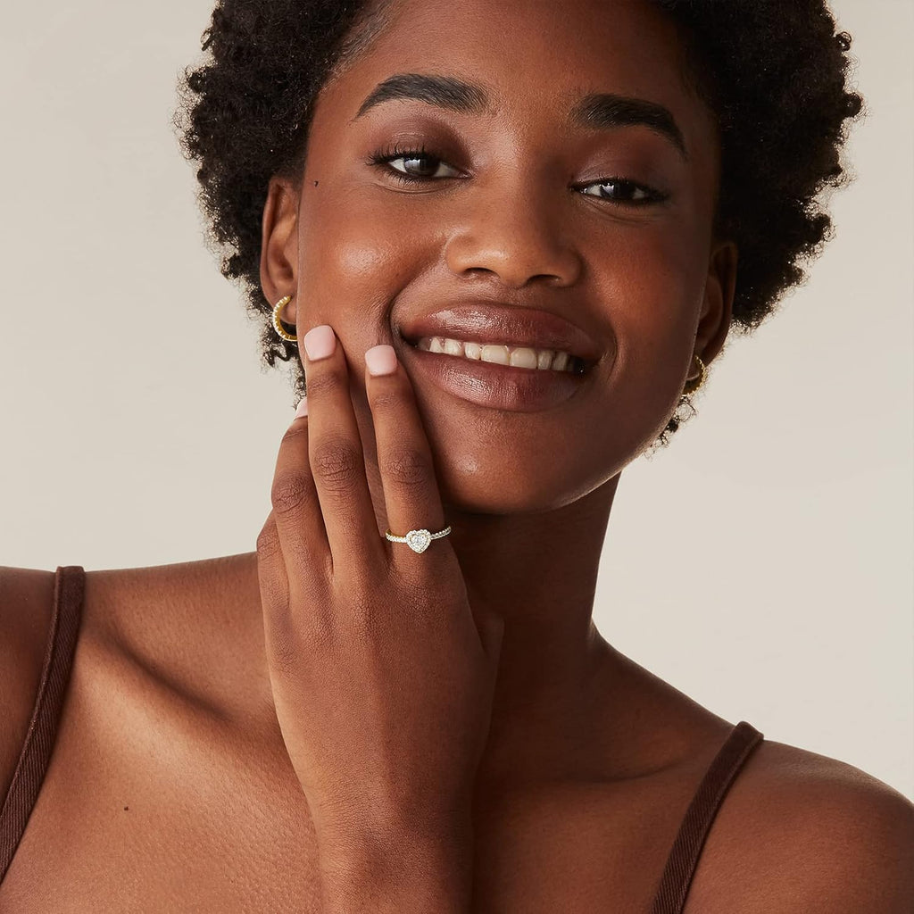 14K Gold Plated Halo Ring | Heart Ring for Women | Square round Valentines Day Love Promise Rings for Her