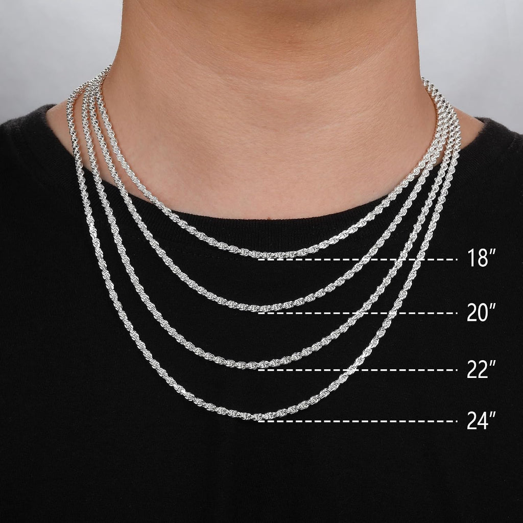 925 Sterling Silver Clasp 2/2.5/3/4/5Mm Silver Chain for Men Mens Necklace Rope Chain Necklace Diamond Cut Silver Mens Chain Necklace 16 18 20 22 24 26 28 30 Inches
